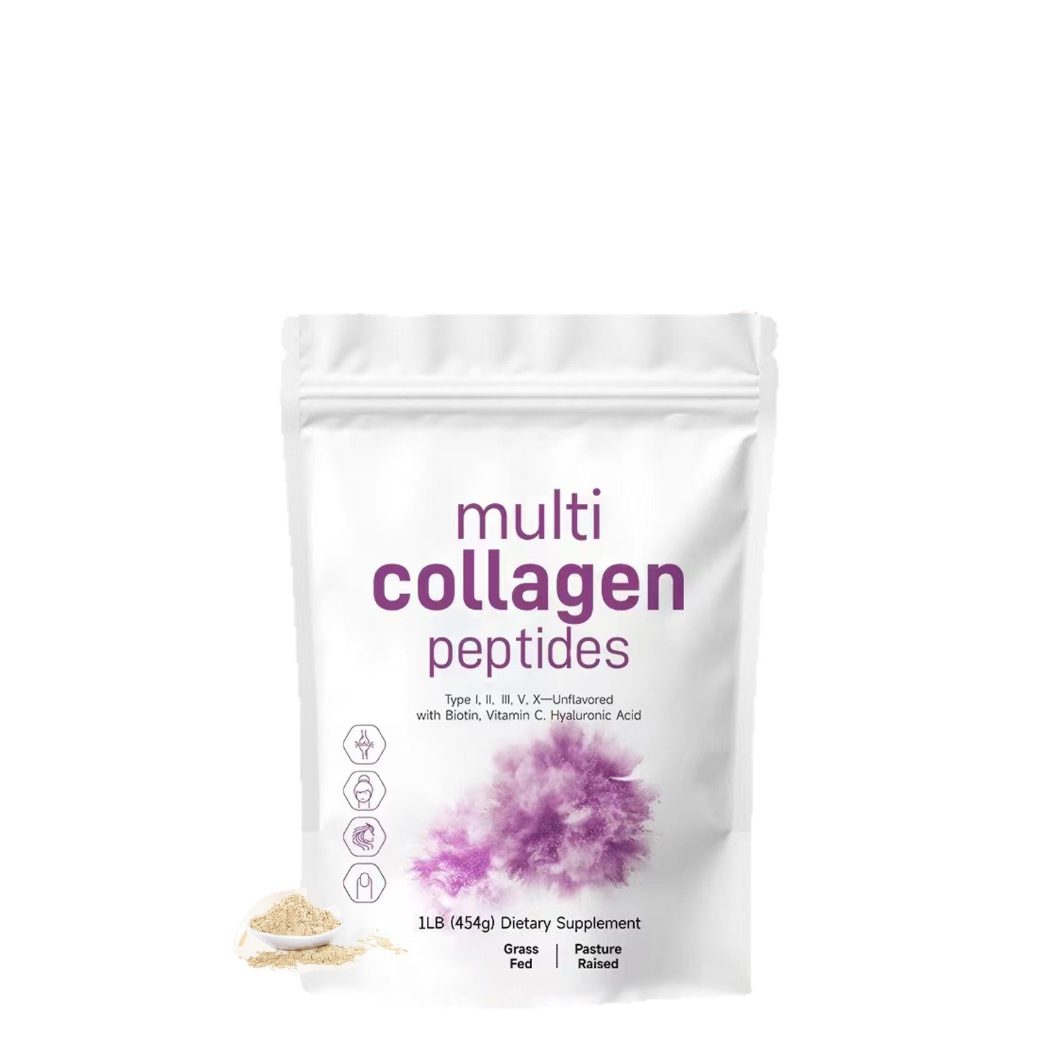 Multi Collagen Peptides Powder, 5 Types I II III V X Unflavored, Grass Fed Pasture Raised with Biotin, Vitamin C & Hyaluronic Acid, 1LB (454g) Skin Hair Nail Joint Support Supplement
