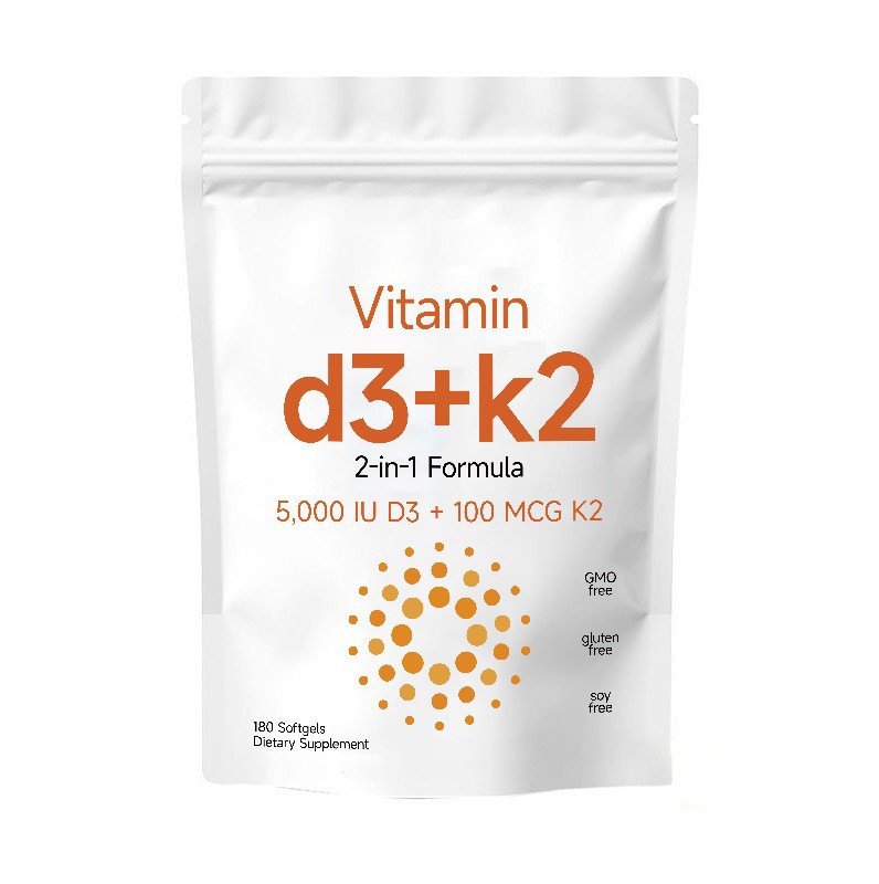 2-in-1 Vitamin D3 K2 Softgels, 5000 IU Vitamin D3 with 100 MCG Vitamin K2, Bone & Immune Support, GMO Free Gluten Free Soy Free 180 Softgels Dietary Supplement