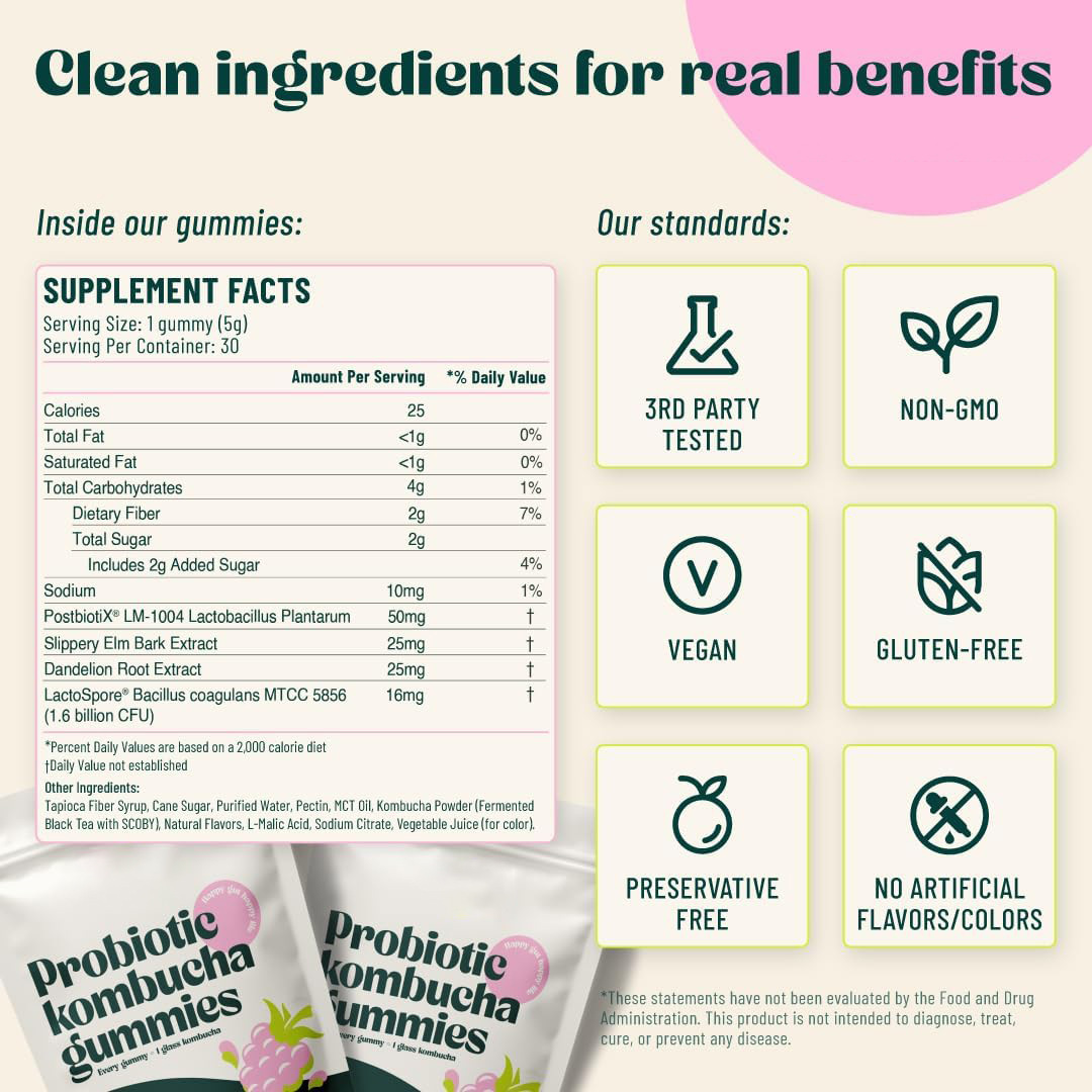 Probiotic Kombucha Gummies, Berry Bliss Flavor Pre-Post-Probiotic Gut Support Supplement