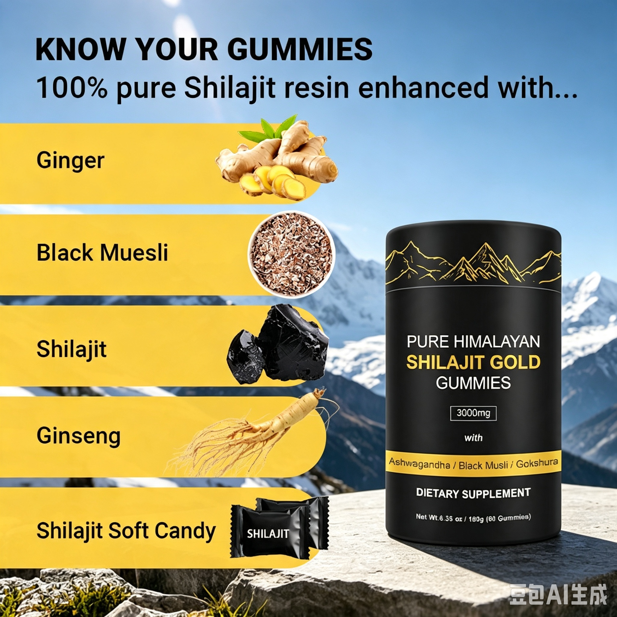 Pure Himalayan Shilajit Gold Gummies 3000mg with Ashwagandha, Black Musli & Gokshura, 60 Count Herbal Dietary Supplement