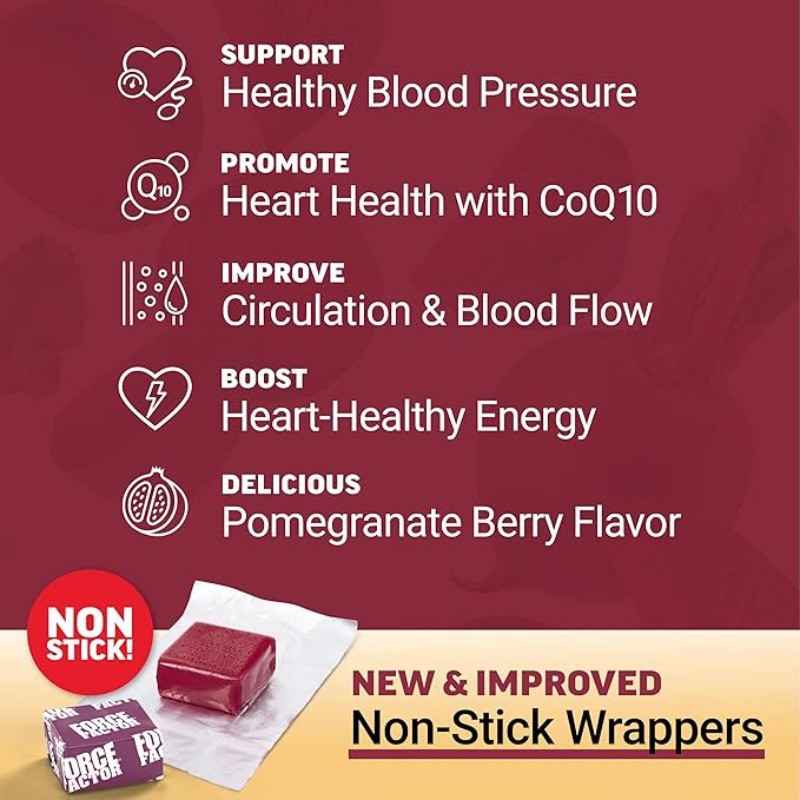 Total Beets Heart Health Chews with CoQ10, 4-in-1 Beetroot Nitrate Formula, Pomegranate Berry Flavor 60 Servings, Blood Pressure & Circulation Support Supplement