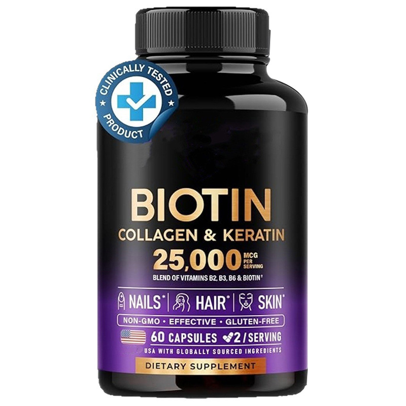 25000 MCG Biotin Capsules with Collagen & Keratin, Vitamin B2 B3 B6 Complex for Hair Skin & Nails, Non-GMO Gluten Free Clinically Tested 60 Capsules